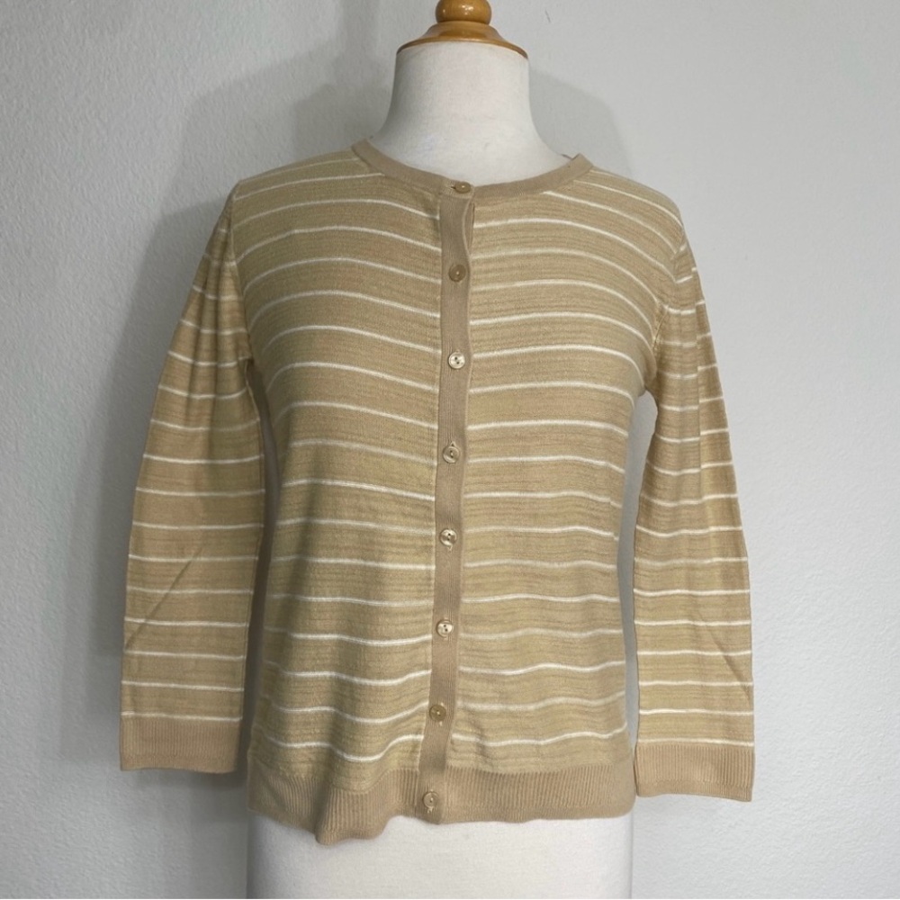 LOFT Women's Tan White Cotton Mix Button Boxy Cardigan Size Small Classic Preppy
